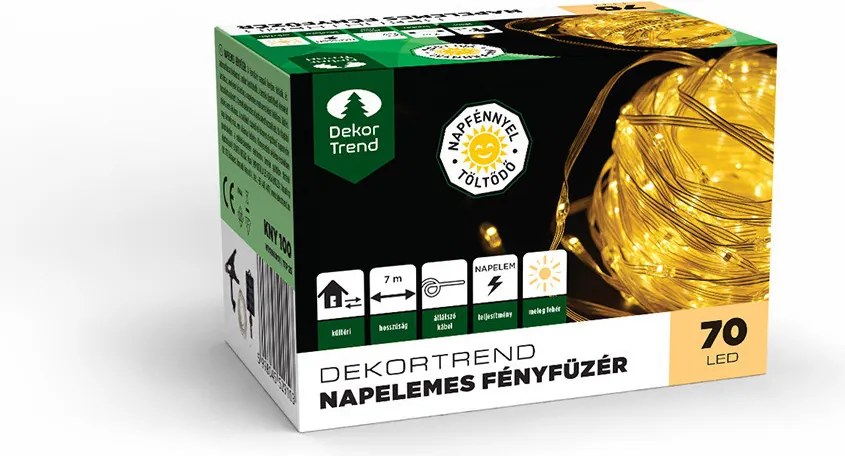 Dekortrend Napelemes fényfüzér, 70 LED, meleg fehér, csíptetővel