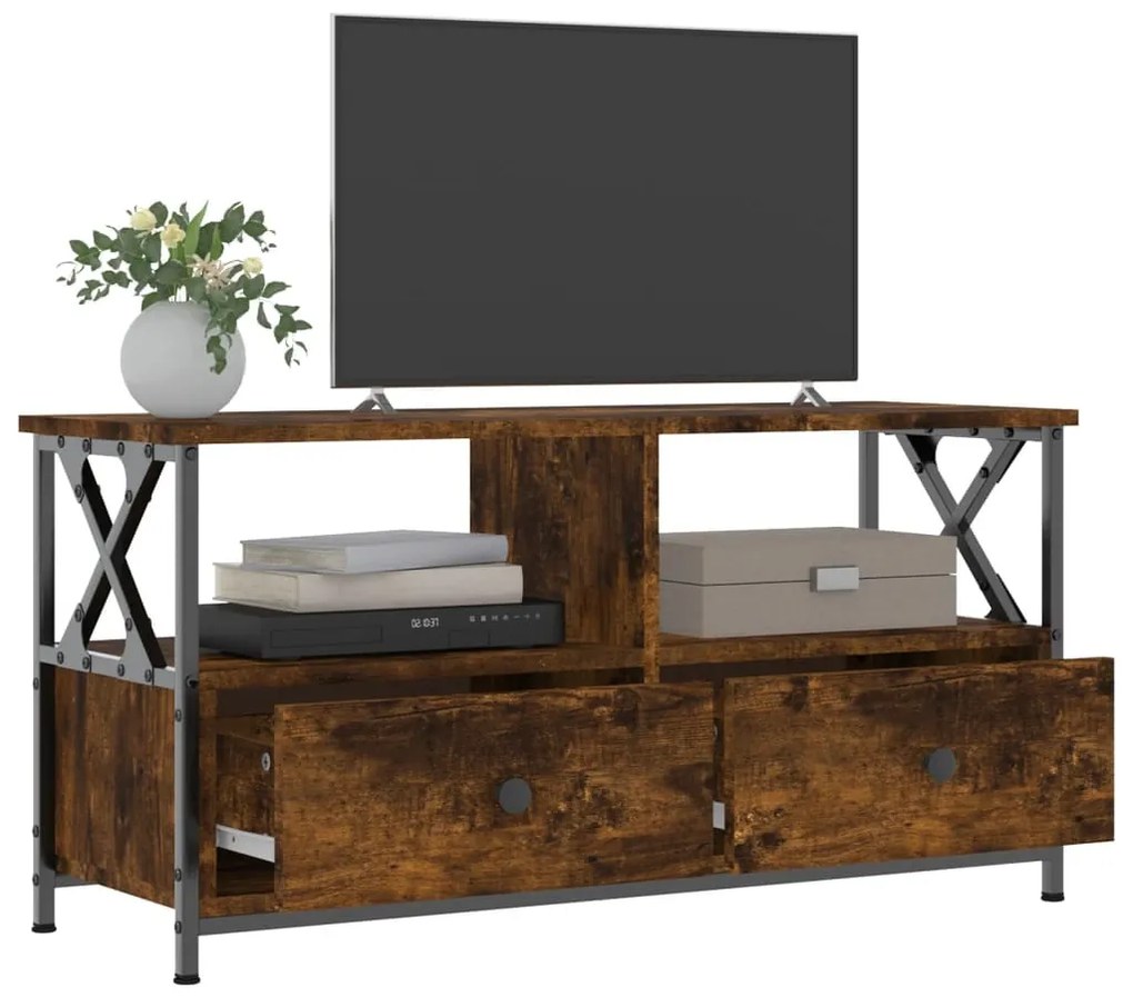 füstös tölgy színű szerelt fa és vas TV-szekrény 90x33x45 cm