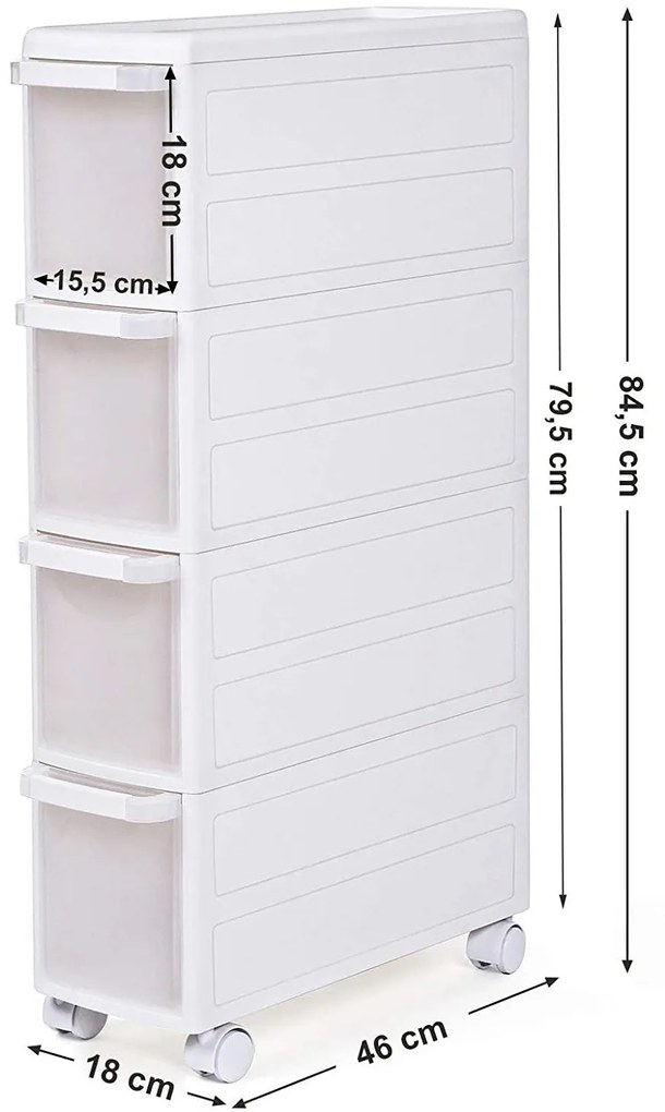 4 Mély fiókos polc kerekekkel, 84,5 cm magas, fehér