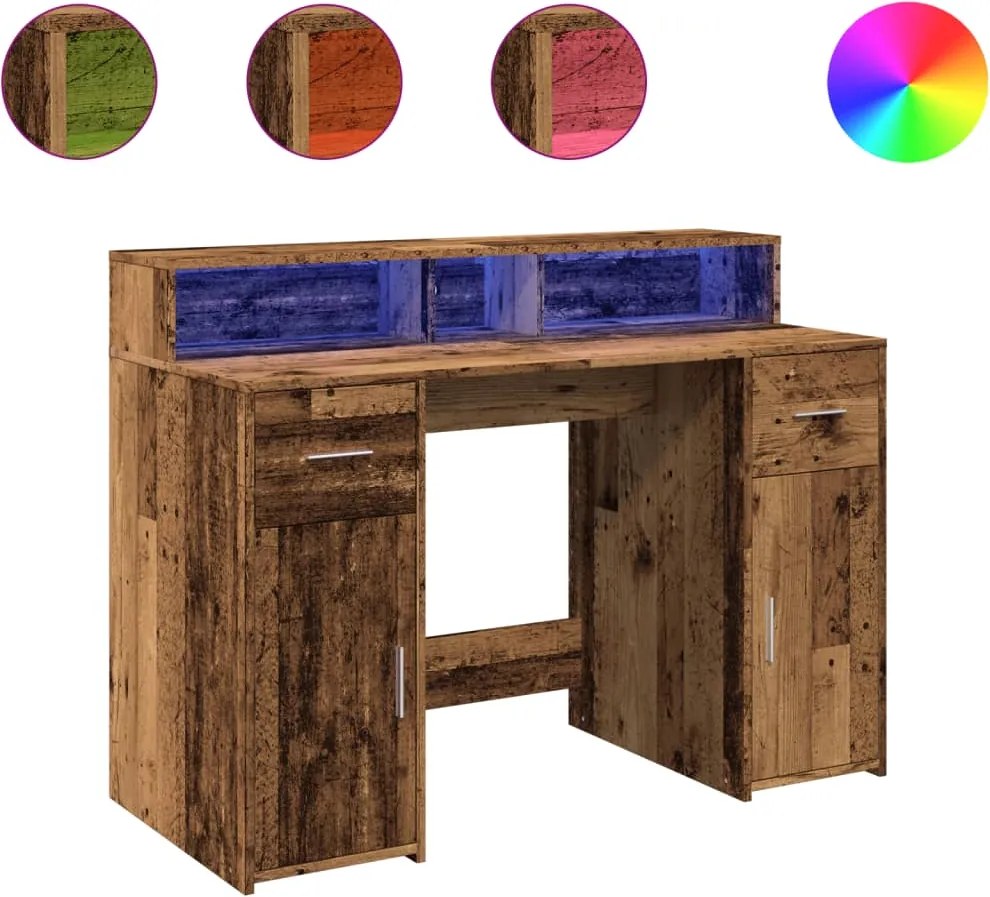 vidaXL antik fa színű szerelt fa íróasztal LED-ekkel 120 x 55 x 91 cm