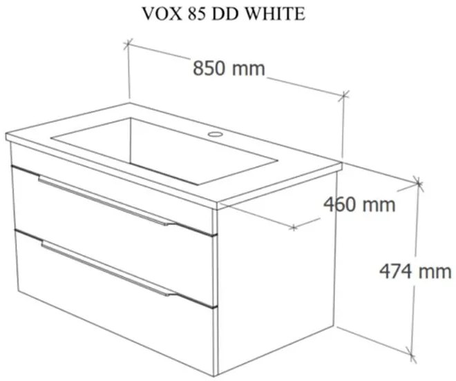 TMP VOX 85 FEHÉR fali fürdőszobabútor - öntött műmárvány mosdóval - 85 x 47 cm