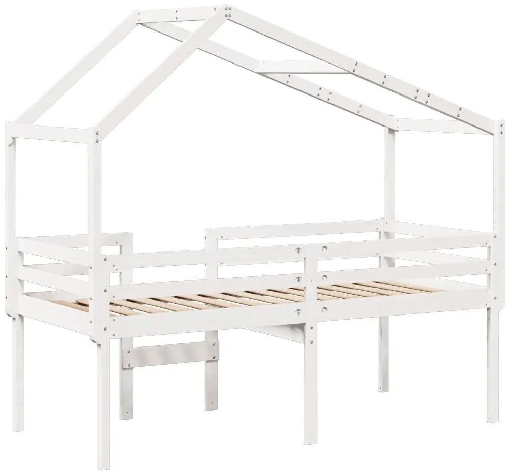 fehér tömör fenyőfa magasított ágy tetővel 75 x 190 cm