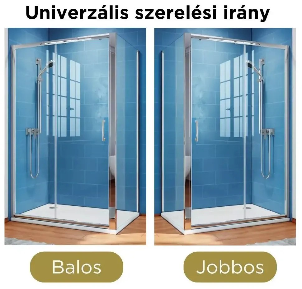 Stuxi Delhi 110x80 aszimmetrikus szögletes tolóajtós zuhanykabin 6 mm vastag vízlepergető biztonsági üveggel, krómozott elemekkel, 200 cm magas