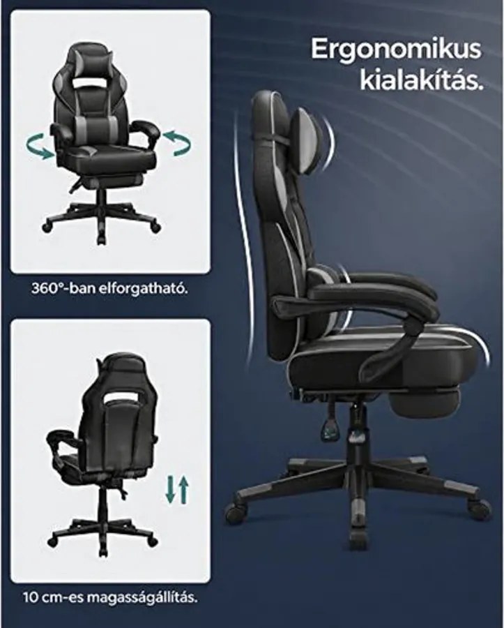 Ergonomikus irodai szék kihúzható lábtartóval, 90–135°-ban dönthető, 150 kg-ig, fekete-szürke
