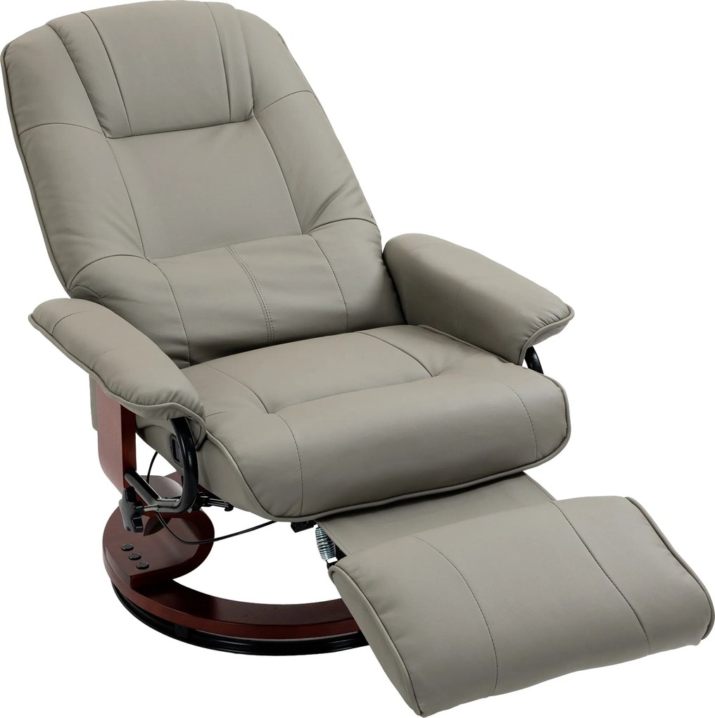 HOMCOM Reclináló Forgószék TV-hez, Dőlt Fémbetéttel, Lábpihentetővel, Karfás Reclináló Fotel, Faháttérrel, Műbőr, Szürke | Aosom