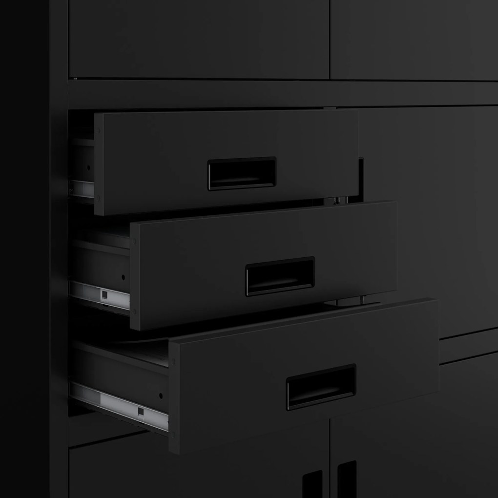 Fém iratszekrény széffel és fiókokkal FILIP II, 900 x 1850 x 400 mm, fekete