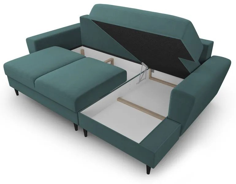 Petróleum színű bársony kinyitható tárolóhelyes sarokkanapé (jobb oldali-heverő résszel) Kyoto – Cosmopolitan Design