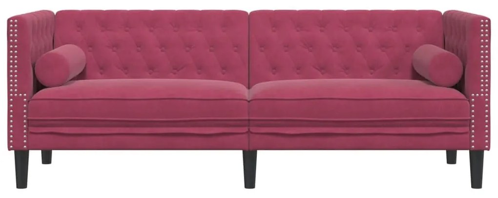 3 személyes bordó bársony Chesterfield kanapé hengerpárnákkal