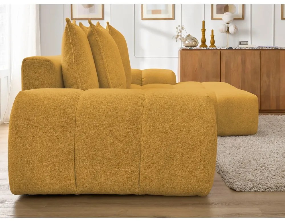 Mustársárga zsenília kinyitható-tárolóhelyes sarokkanapé (jobb oldali-heverő résszel) Everest – Bobochic Paris