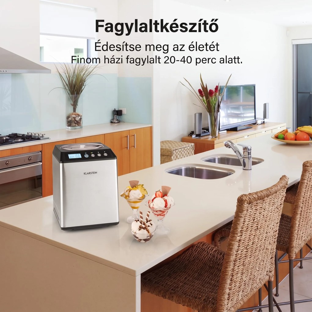 Klarstein Vanilly Sky Family, fagylaltgép, fagylalt- és fagyasztott joghurtkészítő gép, 250 W, 2,5 L, ezüst