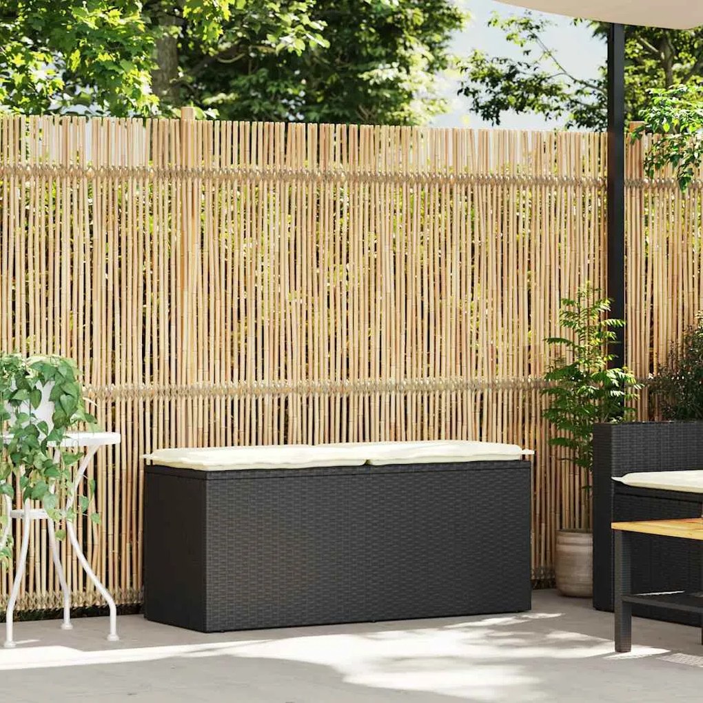 Fekete polyrattan kerti pad párnával 110x40x44 cm
