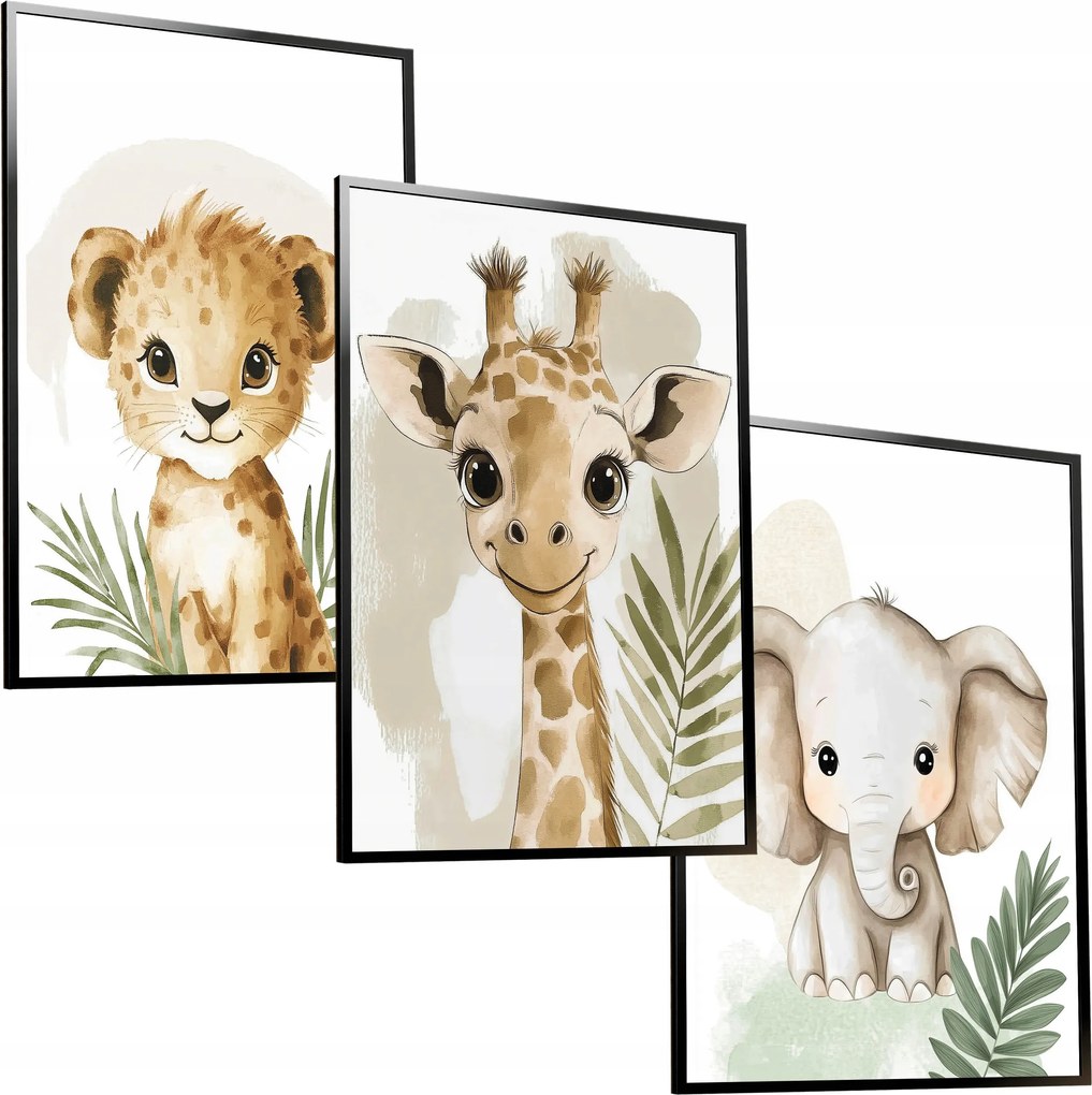 3 x 30x40 A3 Gyerek Poszter Szett Állatkert Szafari Vad Oroszlán Zsiráf Elefánt