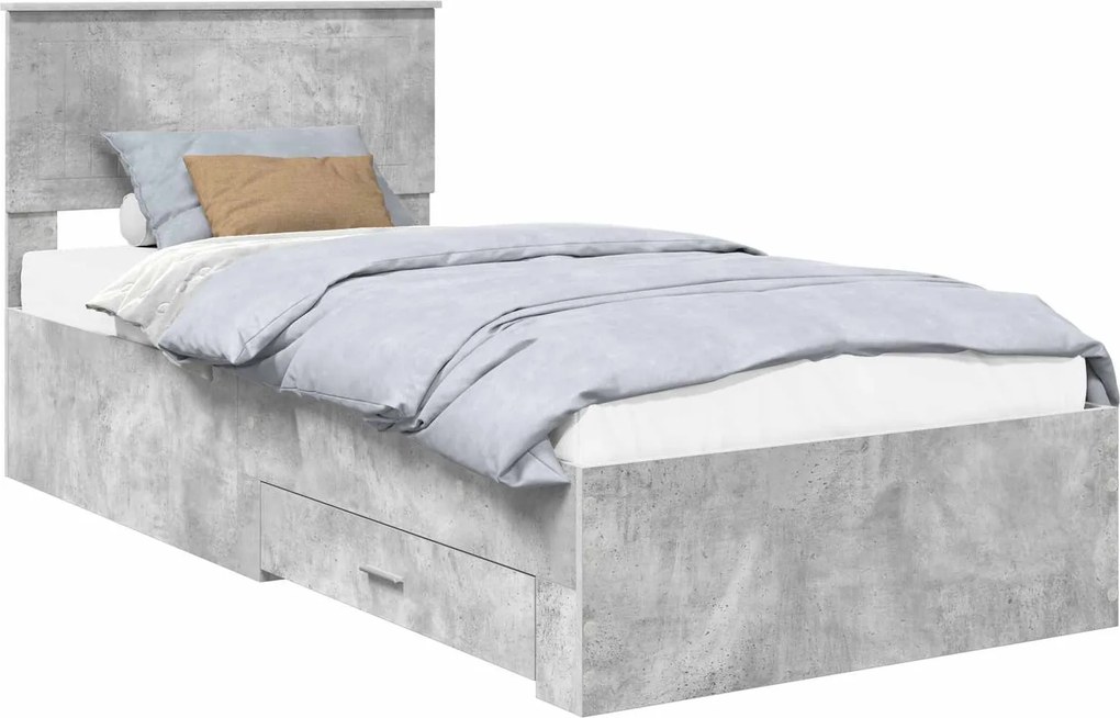 vidaXL Ágykeret fejtámlával fiókkal Beton Szürke 90 x 190 cm Faanyag