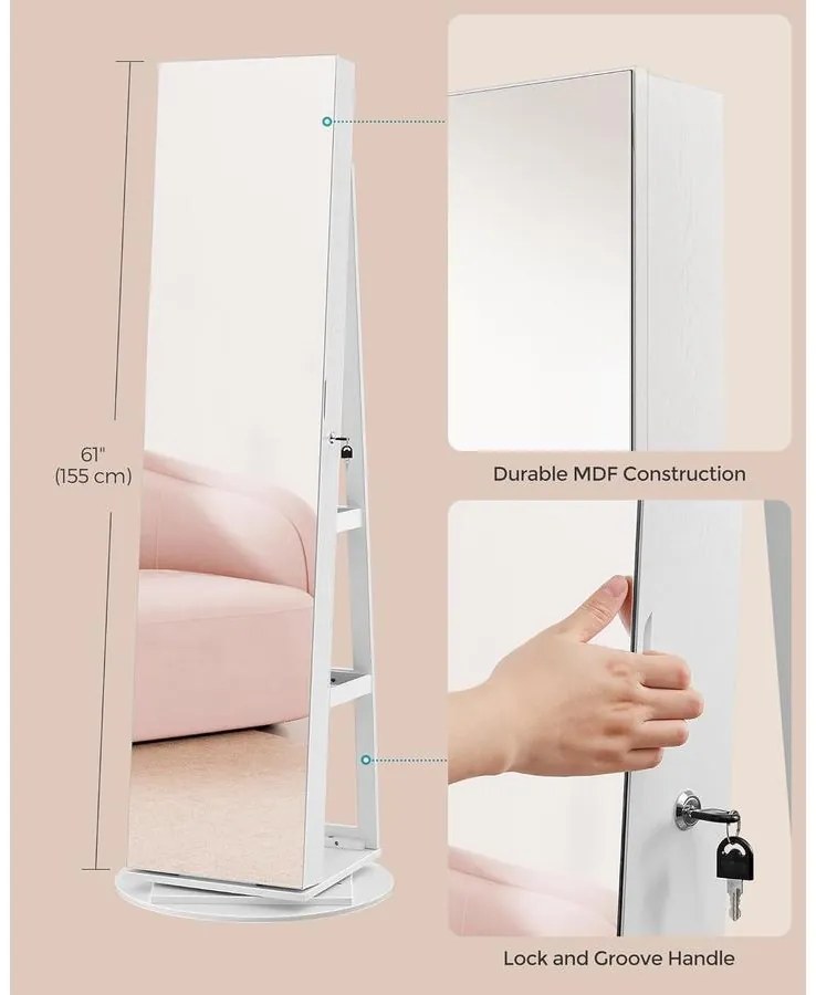 SONGMICS ékszerszekrény, tükrös szekrény 360°-ban forgatható, fehér felülettel és greige