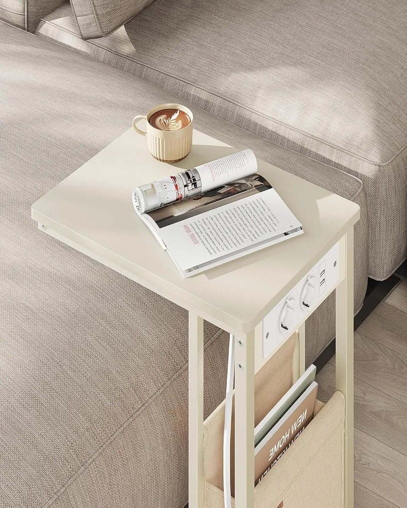 Oldalasztal, éjjeliszekrény beépített elosztóval krémfehér színben