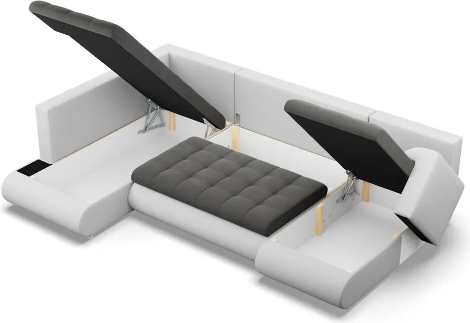 Tokio U sarokkanapé, 3 ágyneműtartóval, bársony + műbőr, baloldali, szürke - fehér