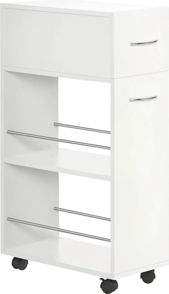 HOMCOM Konyhai Kocsi Kerekeken 1 Fiókkal és 2 Nyitott Polccal Étkezőbe, Nappaliba, Fürdőszobába 25 x 50 x 85 cm Fehér | Aosom