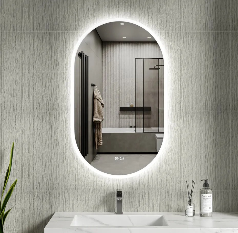 Erga Demi, ovális LED tükör 60x100cm, 3 színű fény, első világítás, páramentes fűtőbetét, ERG-V01-Demi-6010-CL