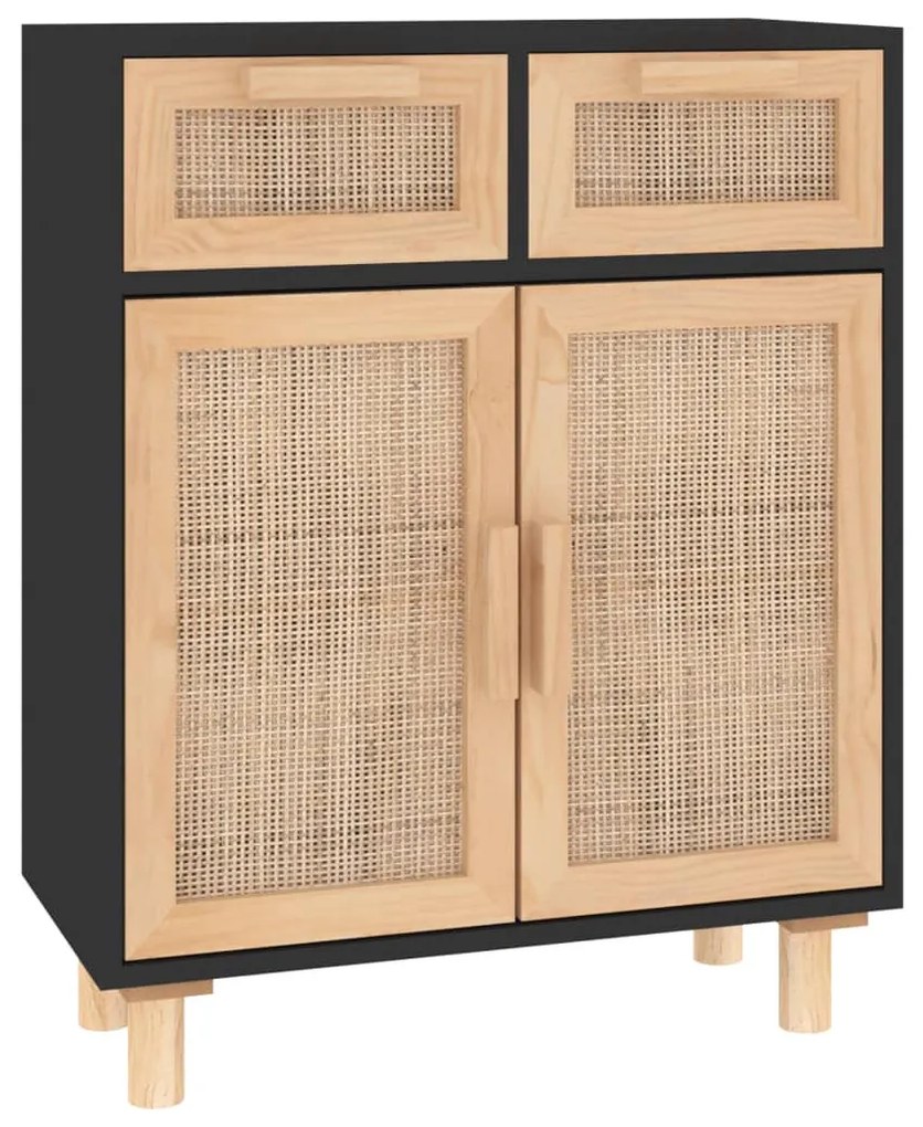 fekete tömör fenyő/természetes rattan tálalószekrény 60x30x75cm