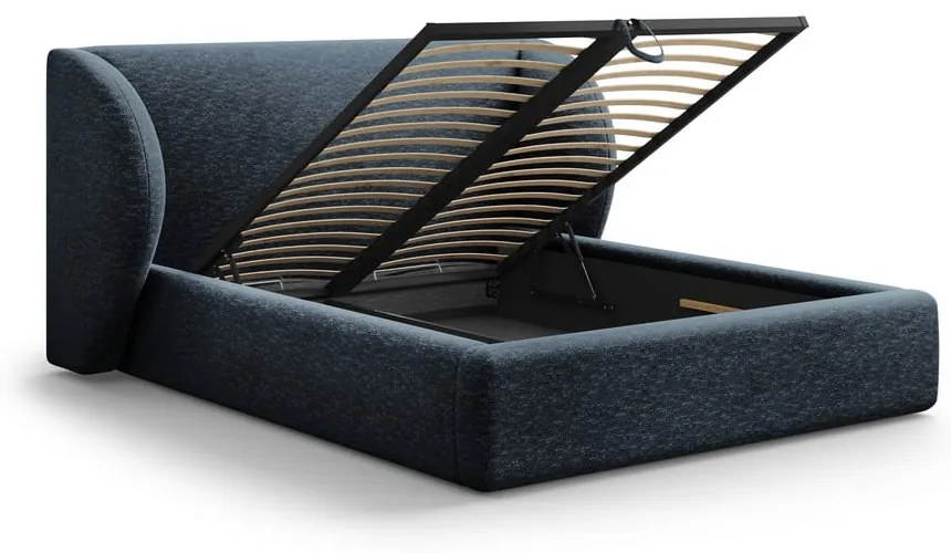 Sötétkék kárpitozott ágyneműtartós franciaágy ágyráccsal 200x200 cm Miley – Micadoni