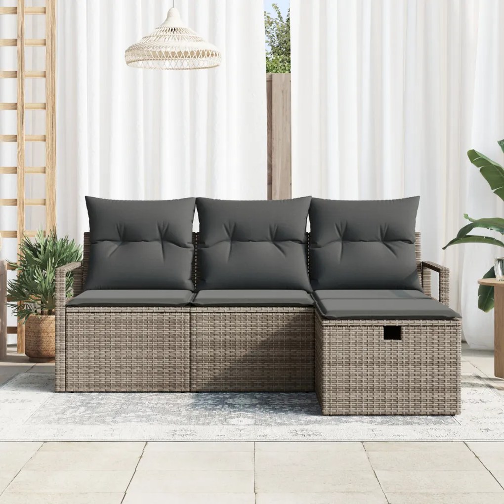 4 Részes Kert Kanapé Szett Párnákkal Szürke Poly Rattan, 2 Személyes Kert Kanapé Tárolóval &amp; Párnákkal Szürke Poly Rattan