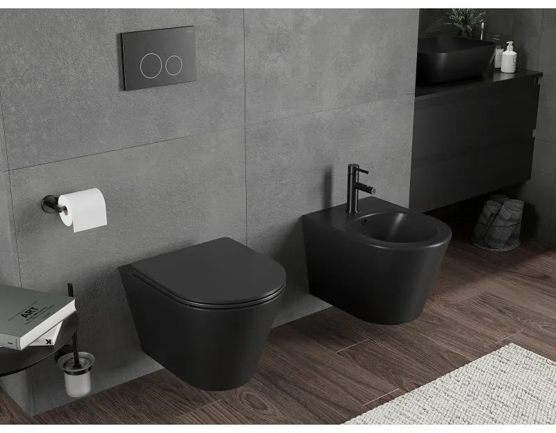 Mexen Rico, falra akasztható wc csésze 490x360x370 mm, Perem nélküli Tornado + duroplast wc ülőke, matt fekete, 30721085T