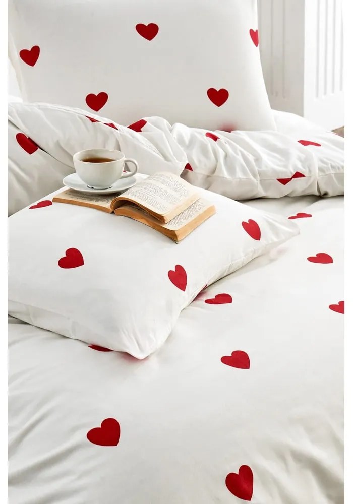 Krémszínű kétszemélyes hosszabbított négyrészes renforcé pamut ágyneműhuzat lepedővel 200x220 cm Mini Hearts – Mila Home