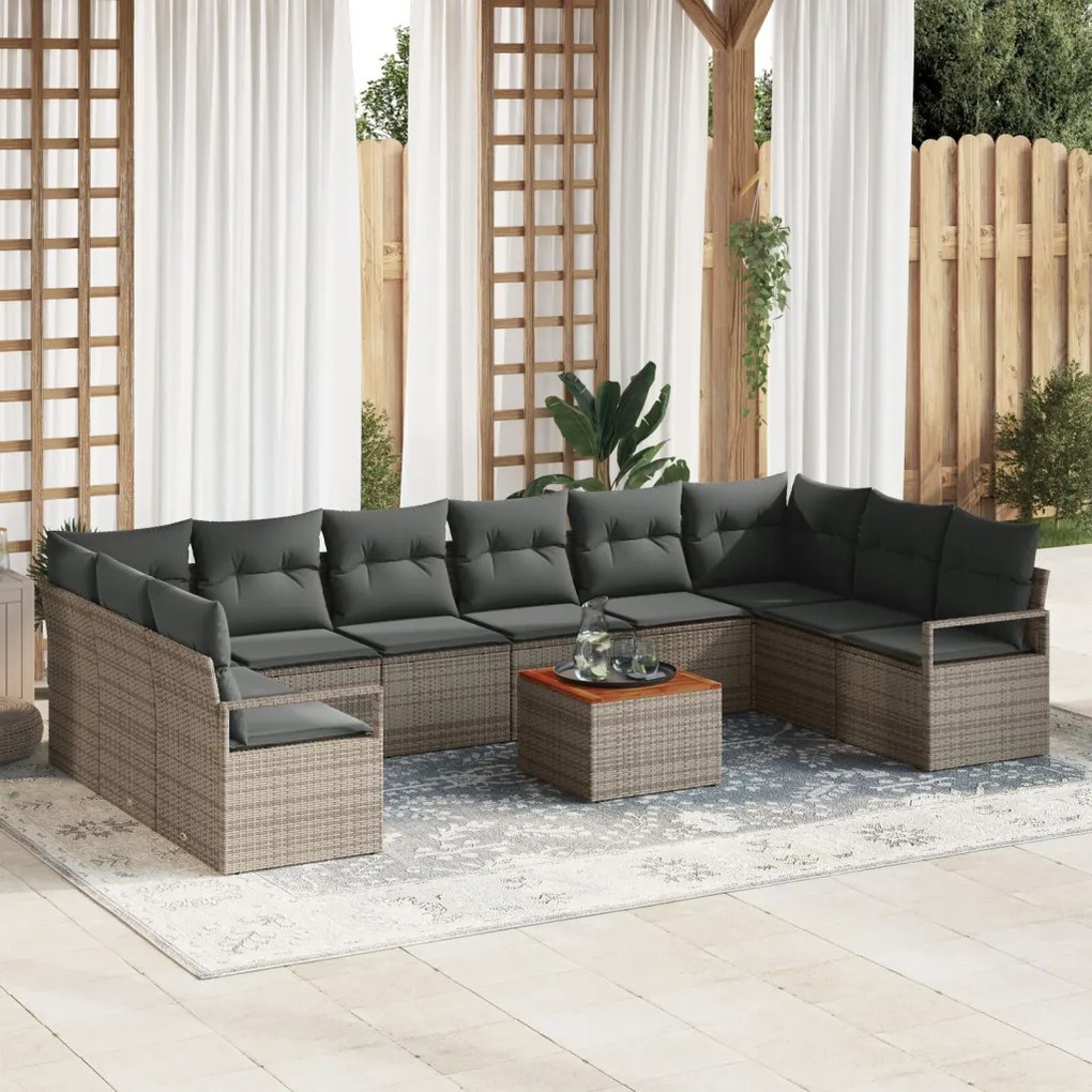 11 darabos kerti kanapé szett párnákkal szürke polyrattan akácia, 2-fős kerti kanapé tárolóval és párnákkal szürke polyrattan