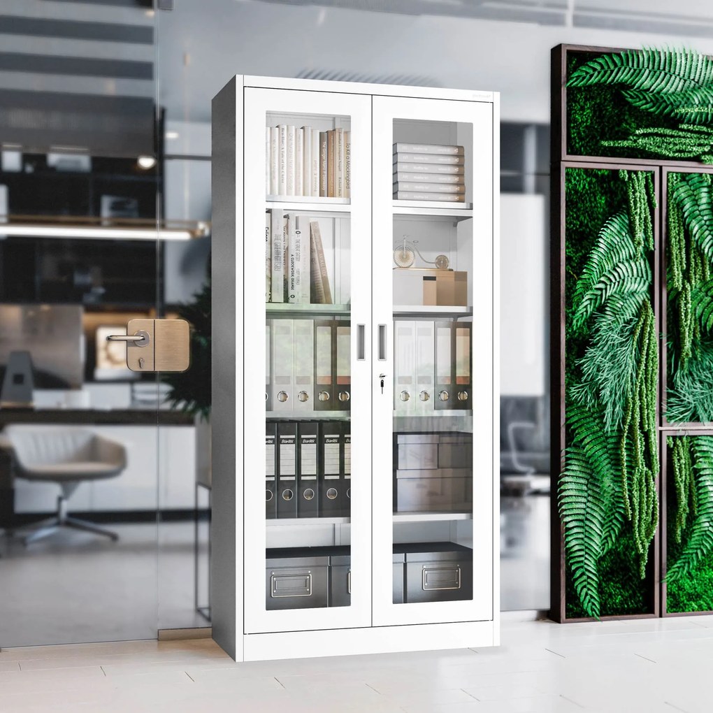 Vitrines fém szekrény üvegezett ajtókkal AMELIA, 900 x 1850 x 400 mm, fehér