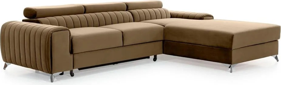 Világosbarna bársony kinyitható-tárolóhelyes sarokkanapé (jobb oldali-heverő résszel) Grayson – ELTAP