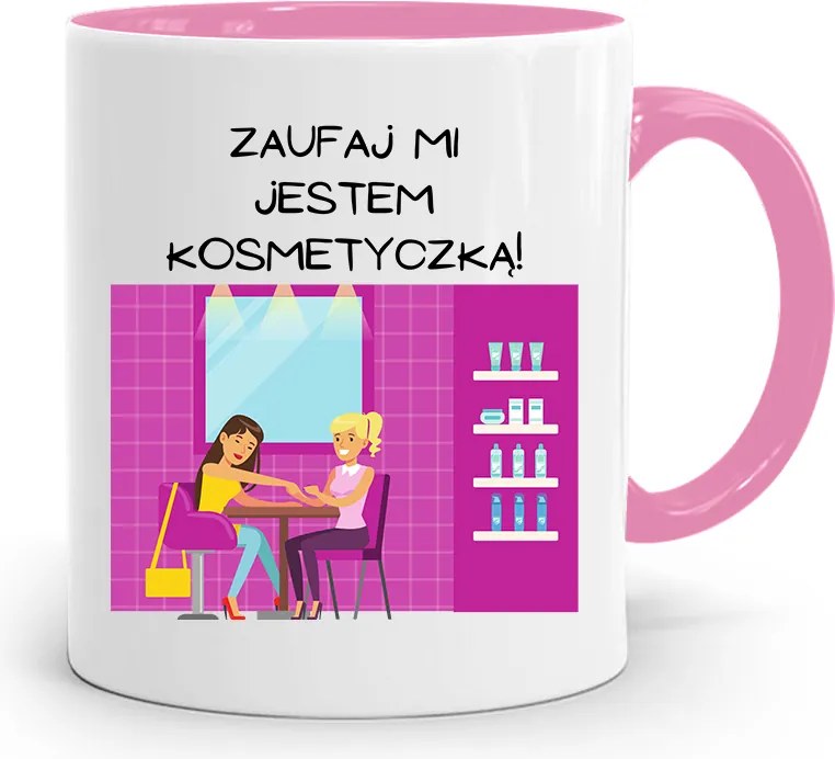 Rózsaszín Bögre Kozmetikusnak Bízz Bennem Nyomtatott Fotóval