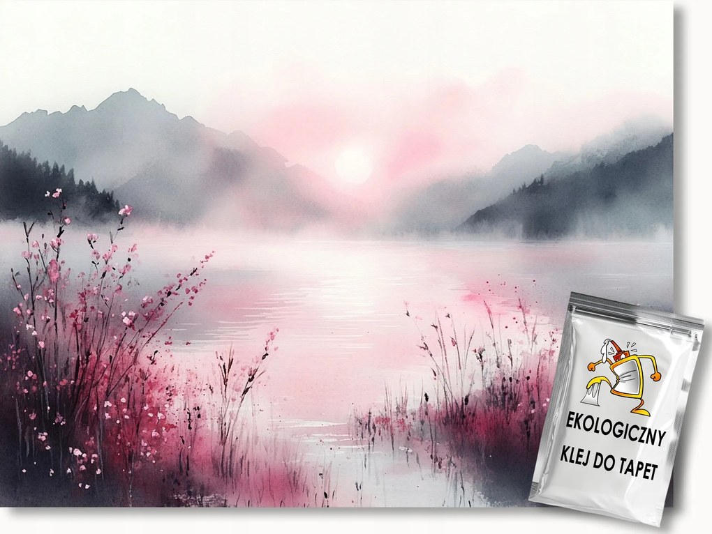 Fotótapéta Flizelina Tájkép Hegyek Tó Virágok Szürke Rózsaszín 250x175 ragasztó