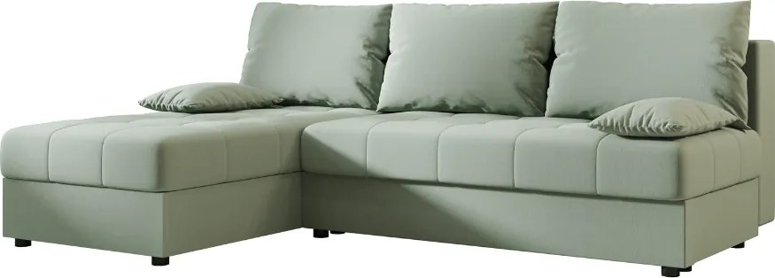 Ágyazható, kétoldalas L alakú kanapé VENORIA SLIM 200x143 cm, világoszöld színű + 2 db díszpárna INGYEN