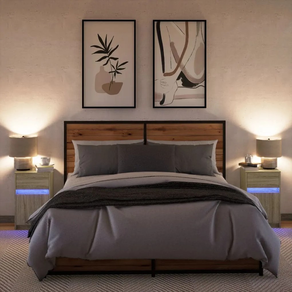 2 db sonoma tölgy színű szerelt fa éjjeliszekrény LED-fényekkel