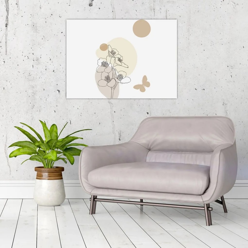 Üveg kép - Bézs virágok pillangóval N⁰4 (70x50 cm)