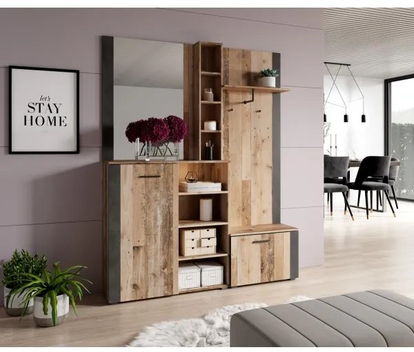 Előszobafal tükörrel KEVIN, barna/fekete