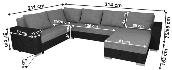 Kárpitozott, univerzális, kihúzható U-alakú ülőgarnitúra YORK, fehér/szürke