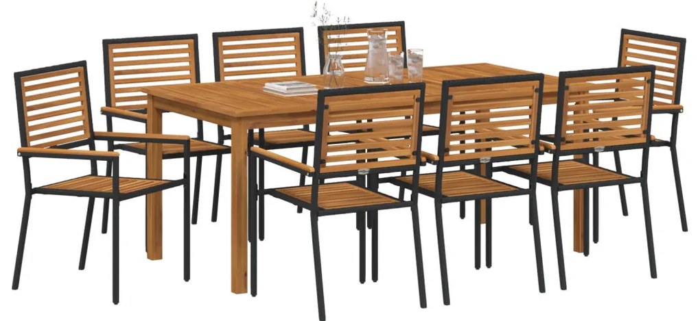 9 darabos Kerti Étkezőszett Fekete Poli-Rattan Akác, Rakásolható Kerti Székek Párnákkal 2 db Fekete Poli-Rattan