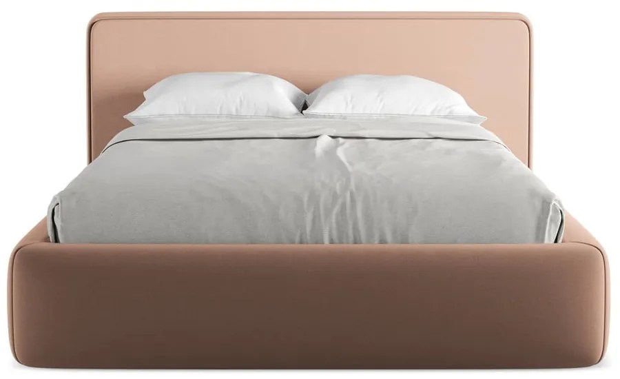 Világos rózsaszín kárpitozott ágyneműtartós franciaágy ágyráccsal 140x200 cm Kiana – Makamii