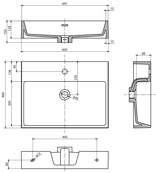 Sapho - Falra szerelhető mosdó AQUATIC 60x46 cm kerámia/fehér