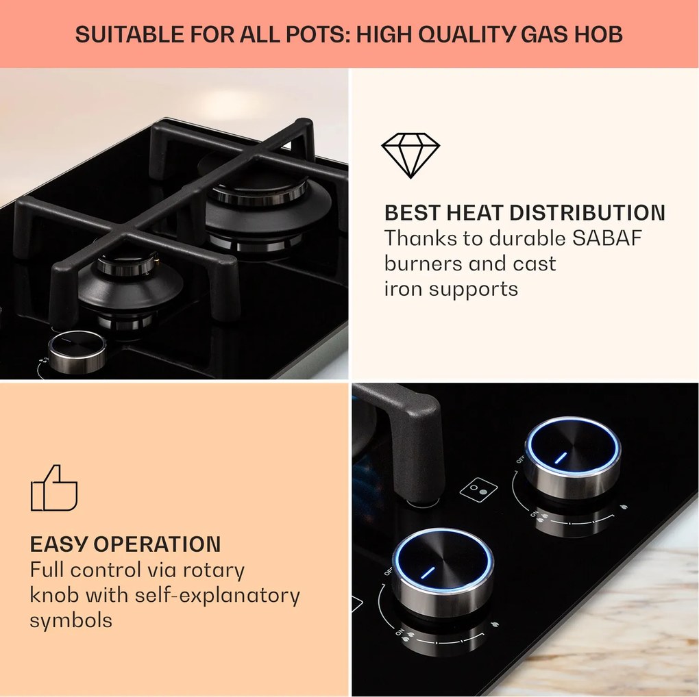 Klarstein Illuminosa Domino, gázfőzőlap, 2 Sabaf égő, üvegkerámia