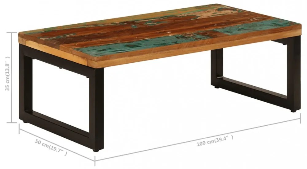 tömör újrahasznosított fa és acél dohányzóasztal 100x50x35 cm