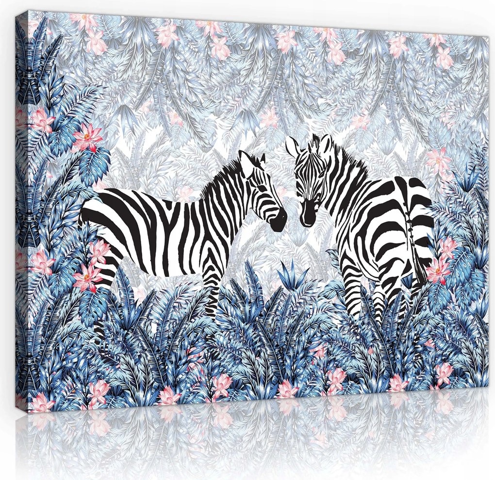 Vászonkép 80x60 Zebra trópusi levelek stilizált fekete-fehér dekoratív