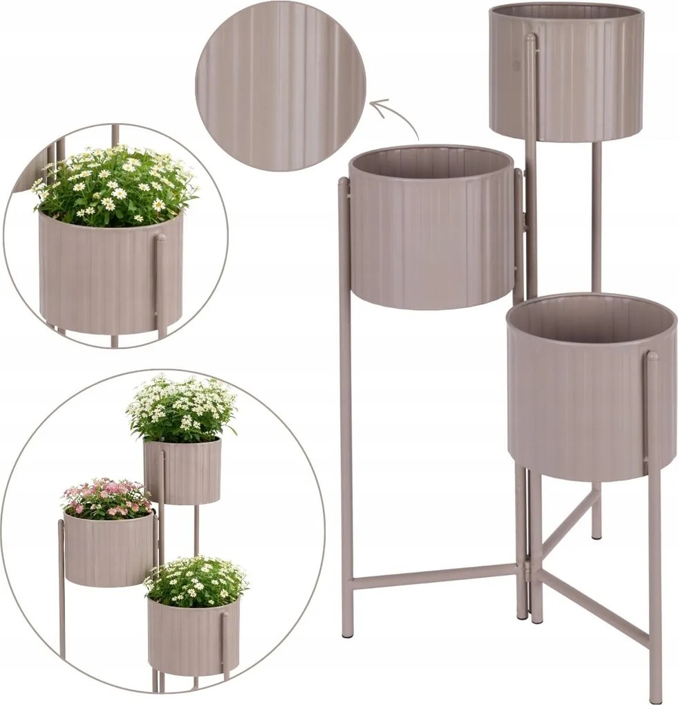 3 Db-os Virágtartó Szett Taupe Állványokon Irodai Nappali Dekoráció Növények
