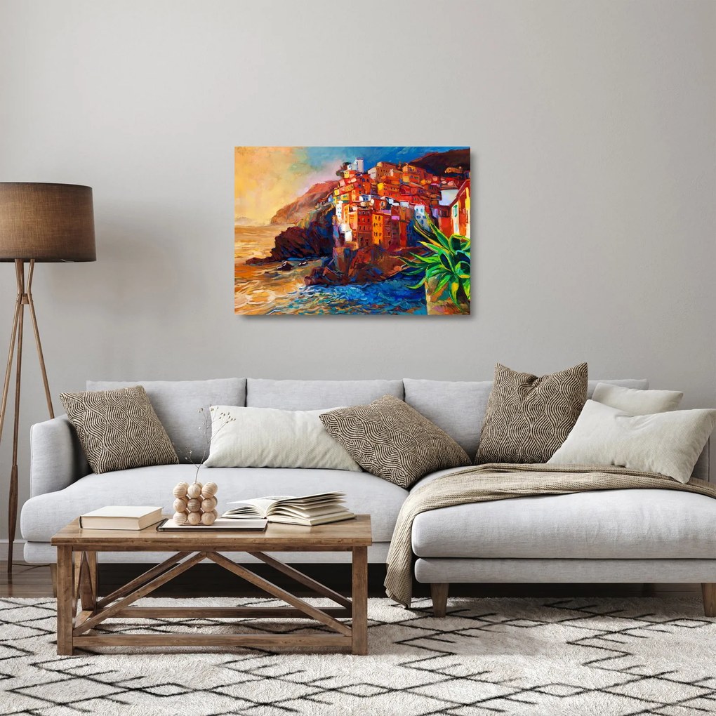 Kép - Falu Cinque Terre partján, az olasz riviérán, modern impresszionizmus (üvegen) (70x50 cm)