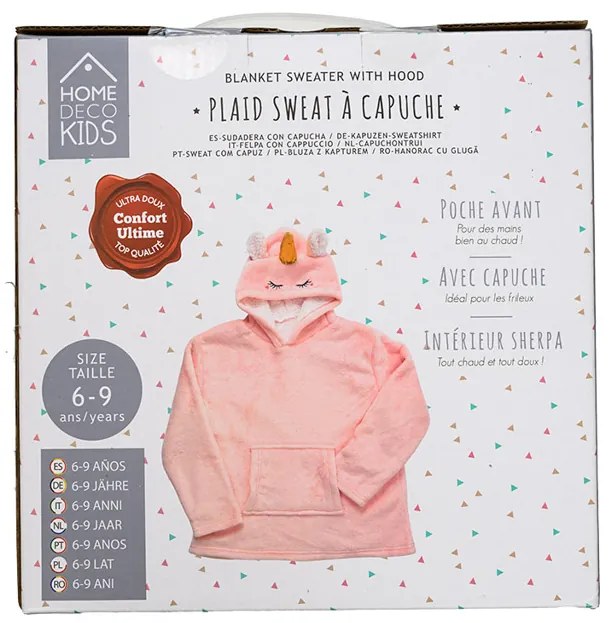 HOODIE UNICORN rózsaszín gyermek ujjas pléd ujjal és kapucnival
