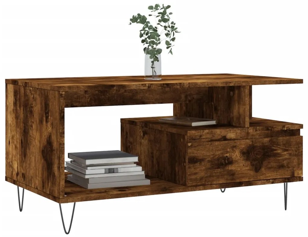 Füstös tölgy színű szerelt fa dohányzóasztal 90x49x45 cm
