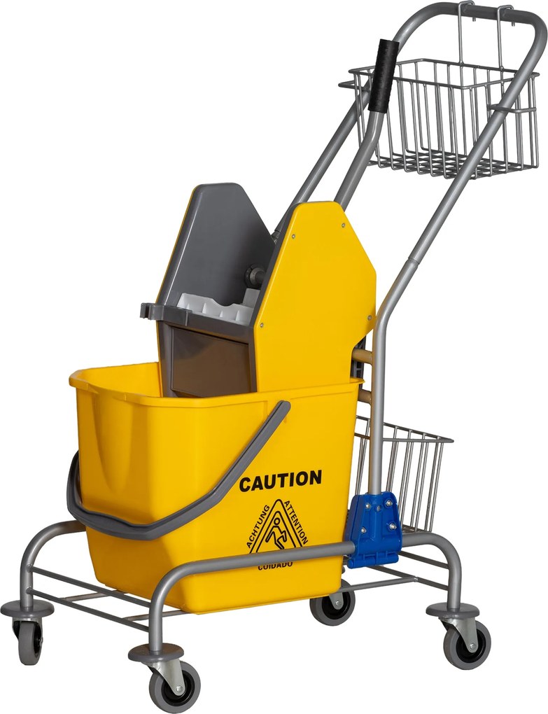 HOMCOM Söpörő Vödör Kerekkel 26 L Nyomásos Kicsavaróval és Tárolókosarakkal 73x45x95 cm Sárga | Aosom