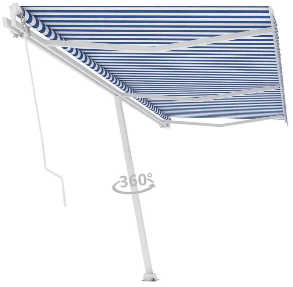 kék és fehér kézzel kihúzható póznás napellenző 600 x 300 cm