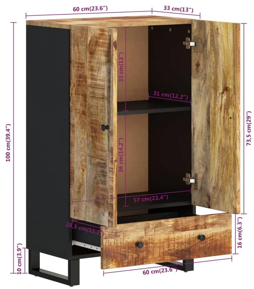 tömör mangófa és vas magasszekrény fiókkal 60x33x100 cm